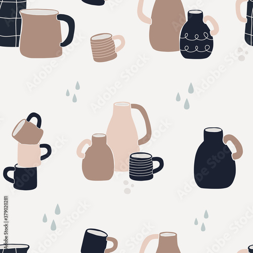 Seamless pattern with ceramic tableware, jugs, vases, homeware drawn by hand. Hand drawn illustration. Vector background.