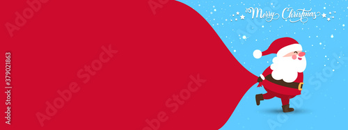 Santa Claus pulls heavy bag full of gifts at snow fall. Santa Claus with a huge bag on the run to delivery christmas gifts on winter landscape background. Merry Christmas text handwritten lettering