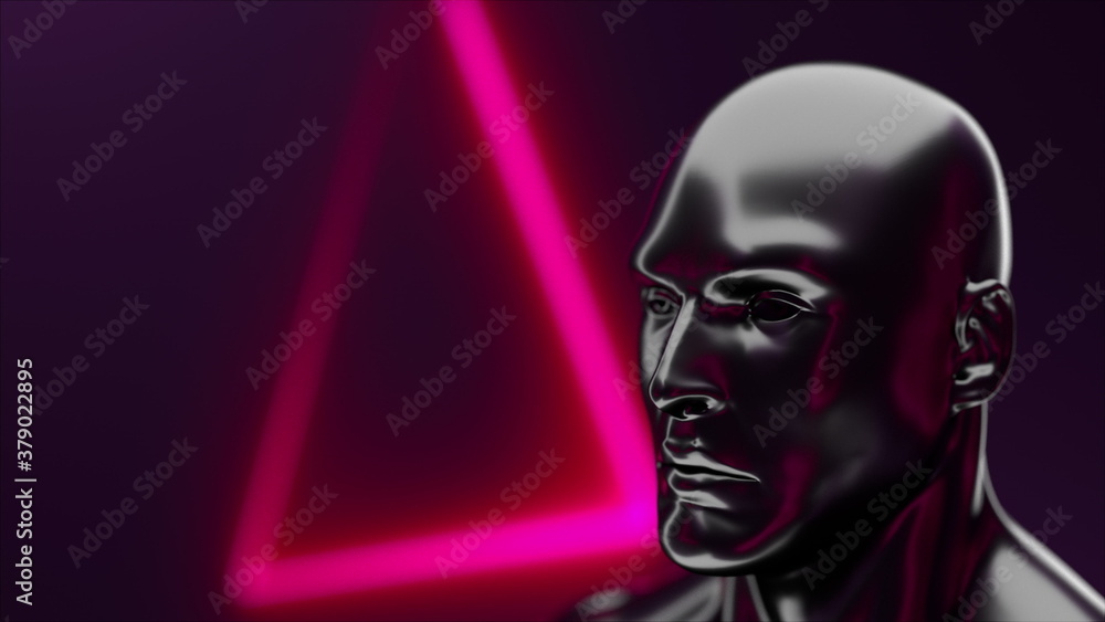 Futuristic human head with iridescent glare in front of geometric neon, 3d rendering. Computer generated virtual background. Futuristic human head with iridescent glare in front of geometric neon, 3d rendering. Computer generated virtual background.