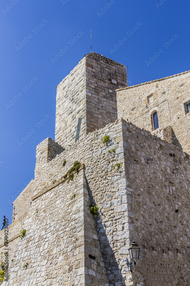 Fragments of old Grimaldi Castle (Chateau Grimaldi, from 1608) in Antibes. Antibes is a resort town in southeastern France, Cote d'Azur.