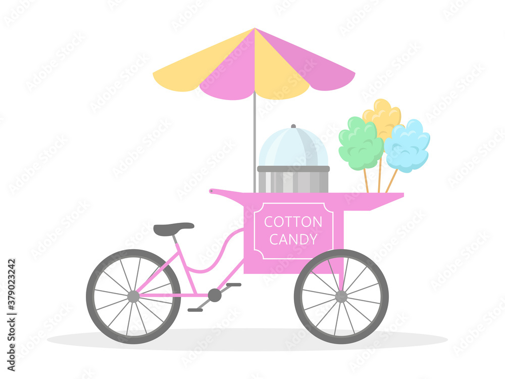 Cotton candy cart bicycle, street food.