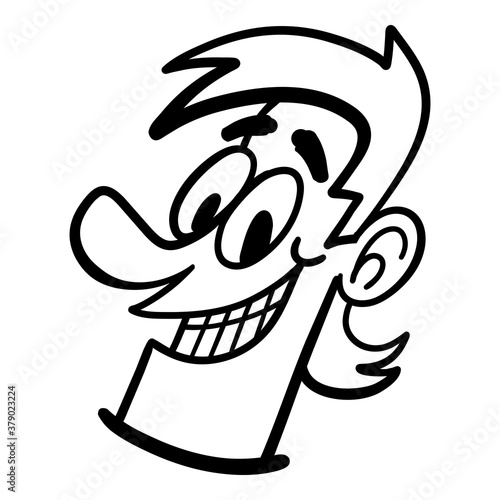 Happy cartoon guy with a mullet haircut showing teeth in big grin
