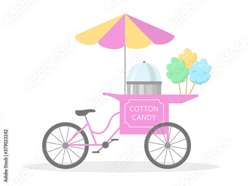 Cotton candy cart bicycle, street food.