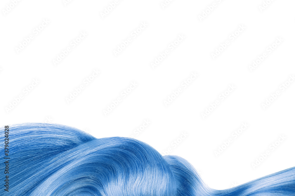 Blue shiny hair isolated on white. Background with copy space