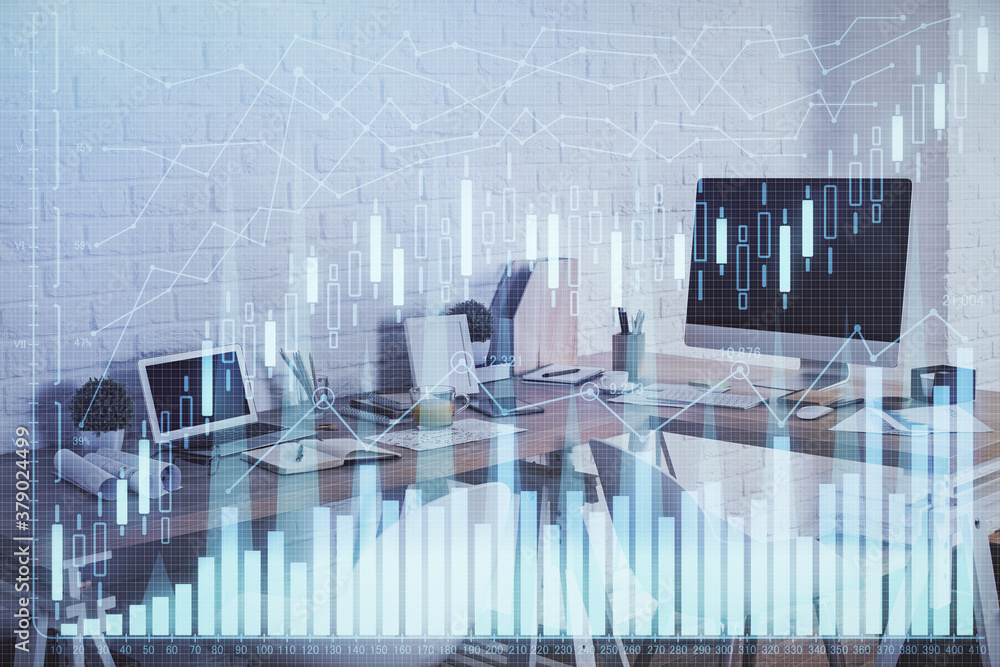 Multi exposure of stock market chart drawing and office interior background. Concept of financial analysis. Multi exposure of stock market chart drawing and office interior background. Concept of financial analysis.
