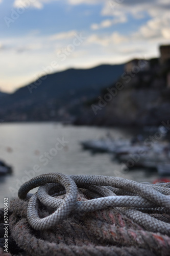 fisherman's ropes piled up in the small port of Camogli in Liguria