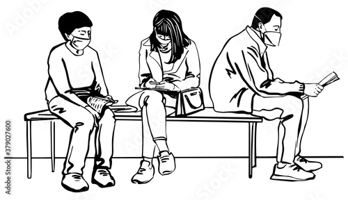 Sketch Group of people wearing a mask sitting in a waiting room. Hand drawn black line vector illustration