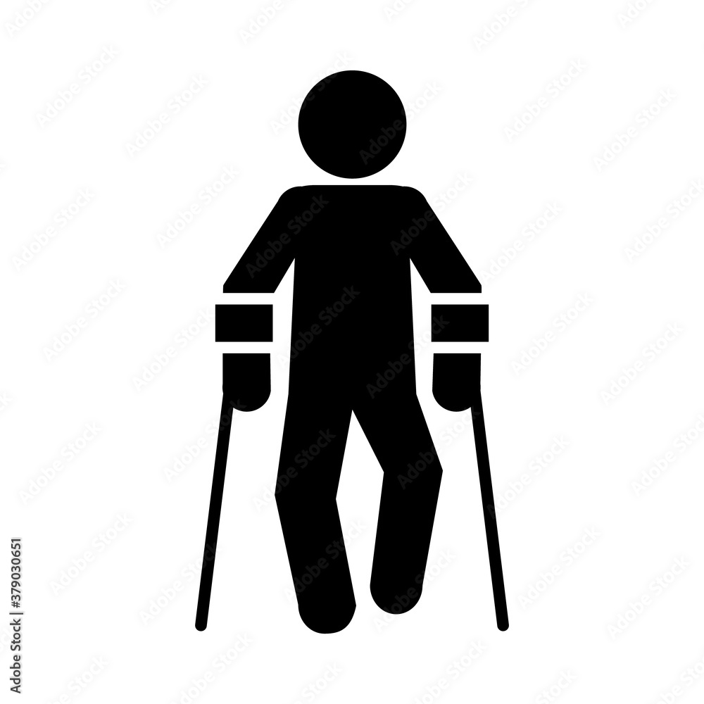 disabilities concept, pictogram man walking with crutches, silhouette ...