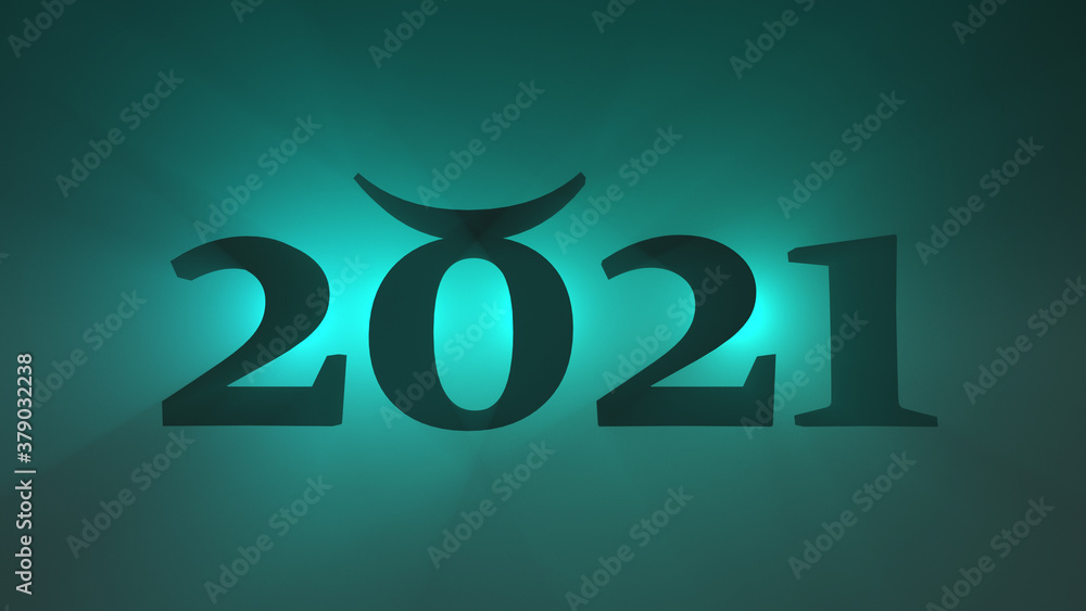 Αυτοκόλλητο 2021 lettering with bull symbol, backlit on green background