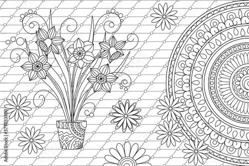 monochrome contour lines abstract background with narcissus in pot and mandala