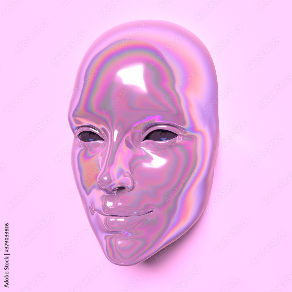 Abstract 3D render illustration of holographic human face in the wall, robotic head made of glossy iridescent material. Artificial intelligence concept. Abstract 3D render illustration of holographic human face in the wall, robotic head made of glossy iridescent material. Artificial intelligence concept.