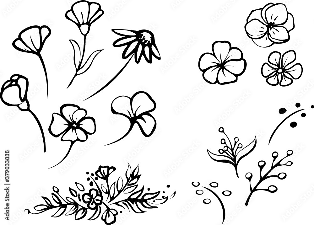 black and white, stylized flowers and berries