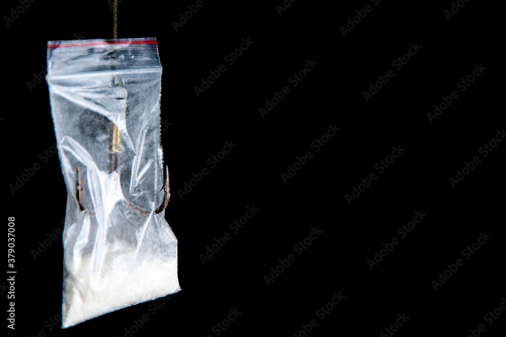 drug trap concept: drug bag with triple hook inside drug trap concept: drug bag with triple hook inside