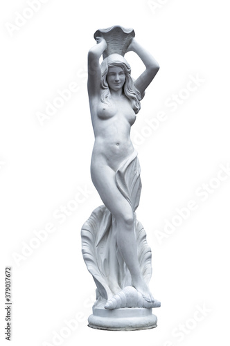antique marble statue of a girl with a jug on her head, isolated on white background