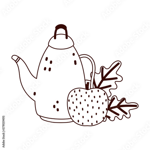 autumn leaves teapot apple isolated design white background line style