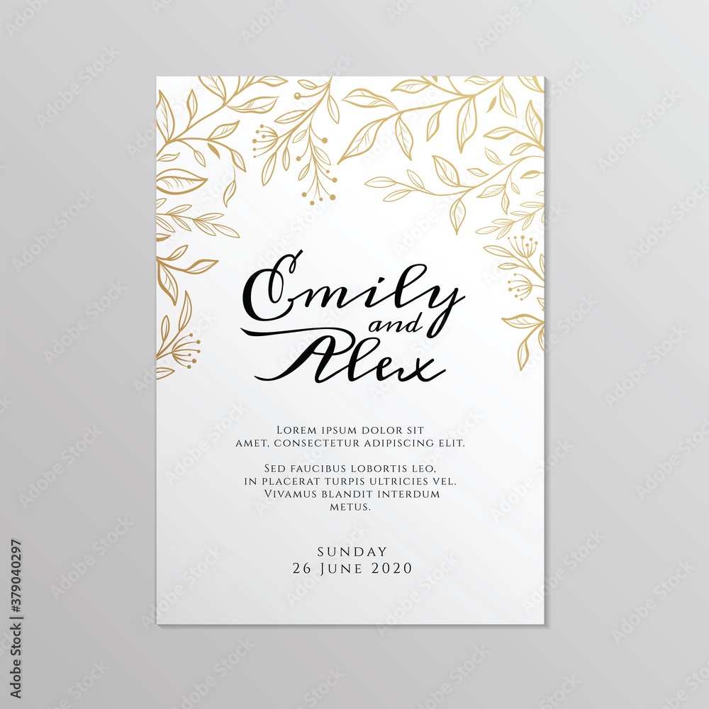 Wedding invitation card with floral ornament. Botanical gold ornament. Vector illustration.