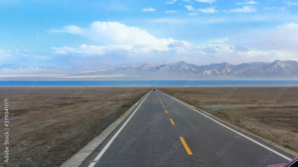 aerial view of road to the lake 