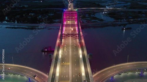 Hai phong, Vietnam Aug 2020 4k aerial video of Hoang Van Thu Bridge by night