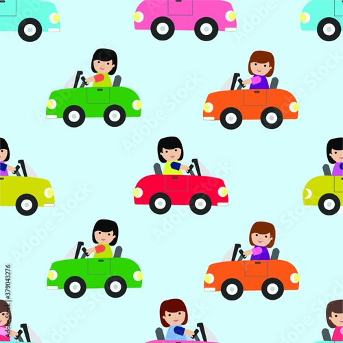 Little Girl driving car seamless pattern cartoon vector © Lizstudio