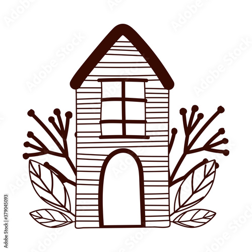 countryside house leaves nature isolated design white background line style