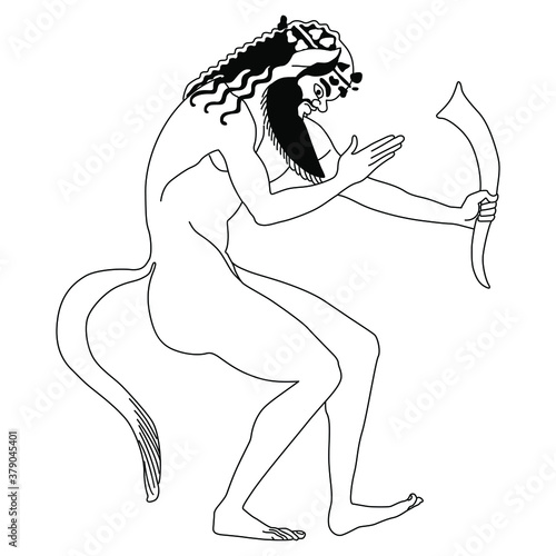 Ancient Greek satyr holding rhyton of wine. Vase painting style. Black and white linear silhouette.