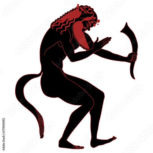Drunken satyr holding rhyton of wine. Ancient Greek mythology. Fantastic male creature. Monochrome silhouette.
