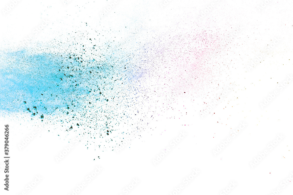 Colorful powder explosion on white background. Colored cloud.