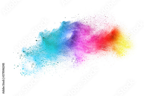 Colorful powder explosion on white background. Colored cloud.