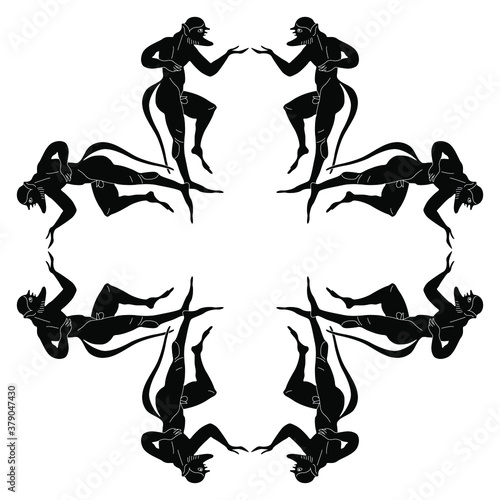 Square ornament or cross with dancing satyrs. Ancient Greek mythology. Black and white silhouette.