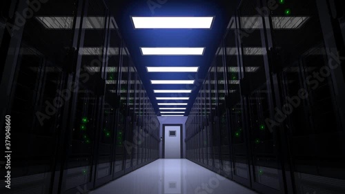 Lights and computers in a server room being turned on