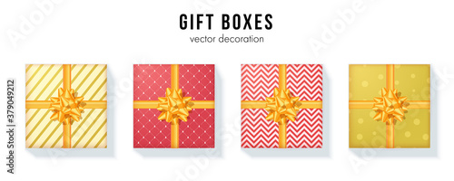 Set of gift boxes with yellow ribbon and bow tie. Wrapping paper with different pattern. Vector 3d illustration. Flat lay, top-down view