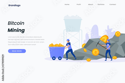 Bitcoin mining illustration landing page. This design can be used for websites, landing pages, UI, mobile applications, posters, banners