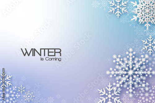 Holiday greeting with snowflake and snowfall background.