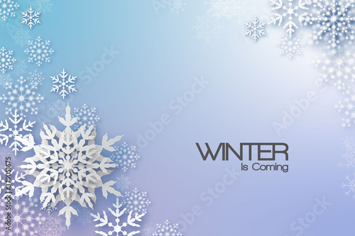 Holiday greeting with snowflake and snowfall background.