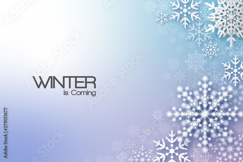 Holiday greeting with snowflake and snowfall background.
