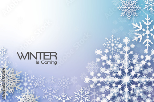 Holiday greeting with snowflake and snowfall background.