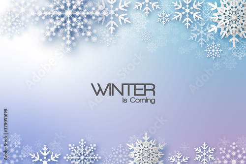 Holiday greeting with snowflake and snowfall background.