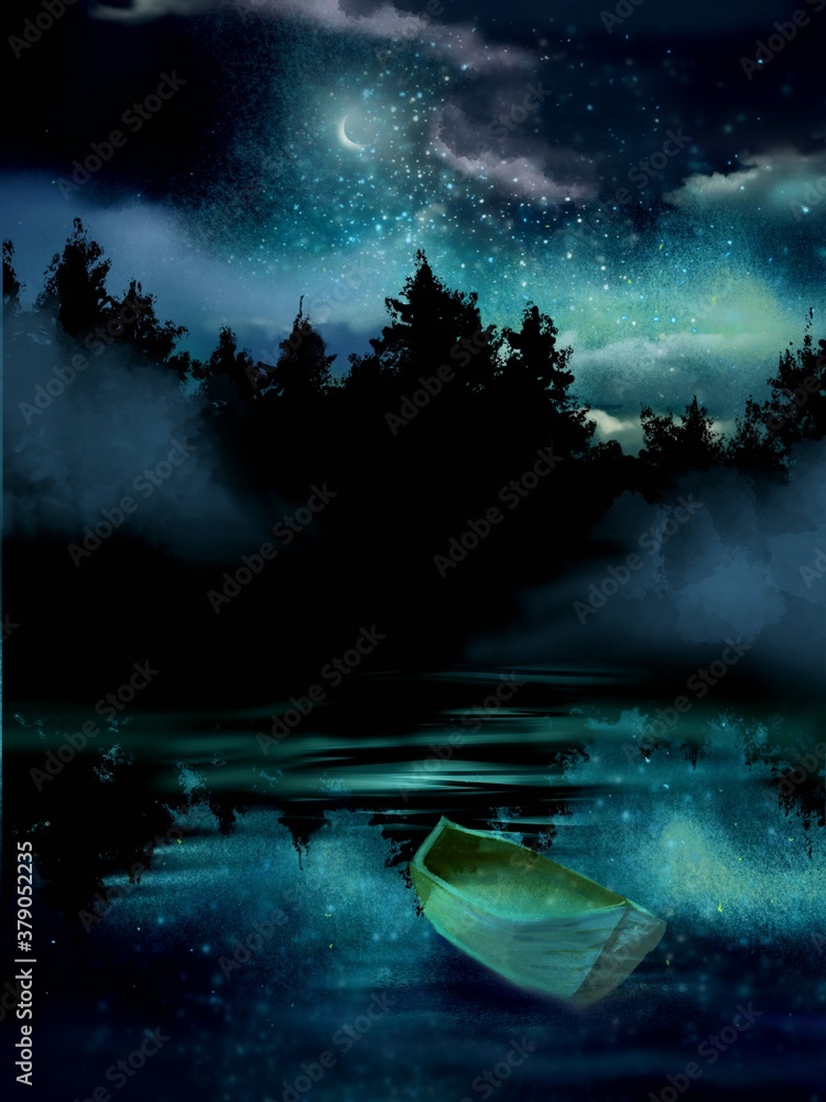 Plakat krajobraz północnego lasu i pływającej łodzi w przerażającą gwiaździstą noc