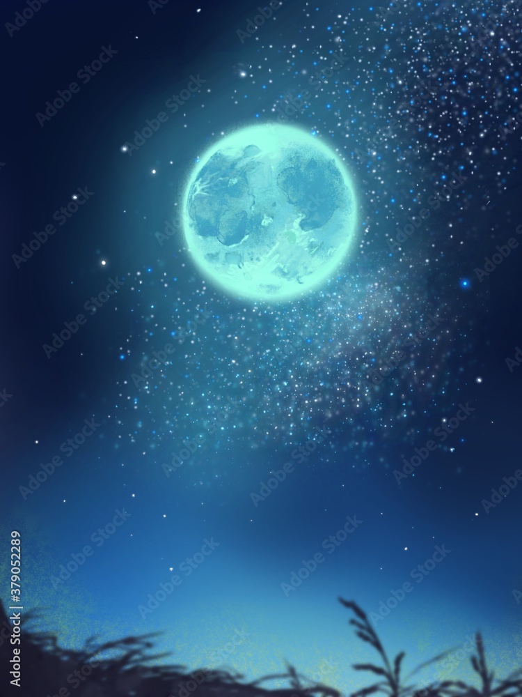 Light blue moon and stars In the starry space