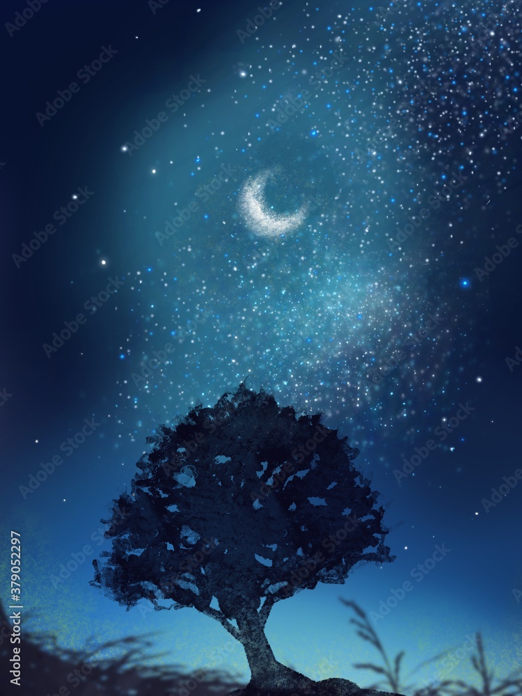 Landscape of light blue crescent moon and stars over the silhouette of tree Landscape of light blue crescent moon and stars over the silhouette of tree