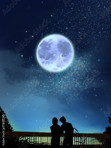 Silhouette of lovers in the night landscape