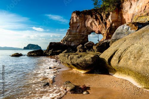 rocks on the beach and blue sky
