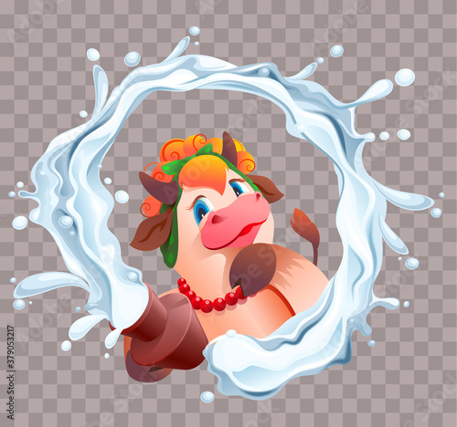 Funny cute cartoon cow holding clay pot of milk. Milk splashes in a circle