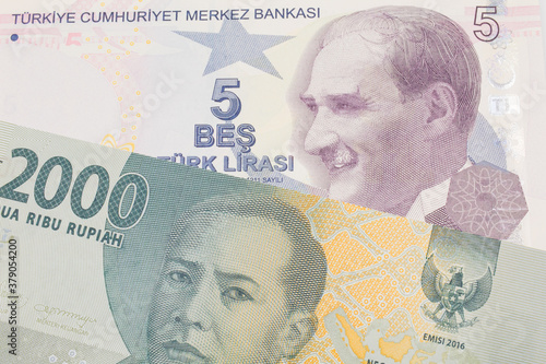 Wallpaper Mural A macro image of a grey two thousand Indonesian rupiah bank note paired up with a purple, five lira bank note from Turkey.  Shot close up in macro. Torontodigital.ca