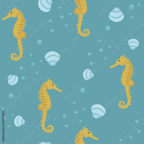 Seamless vector illustration, seahorse and seashells