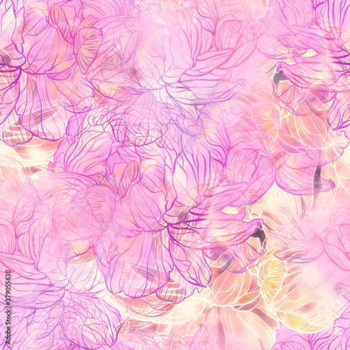 Peony buds and flowers seamless pattern