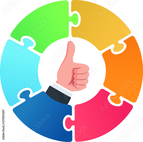 Thumbs up for completing task accomplishment.
Completing puzzle vector illustration.