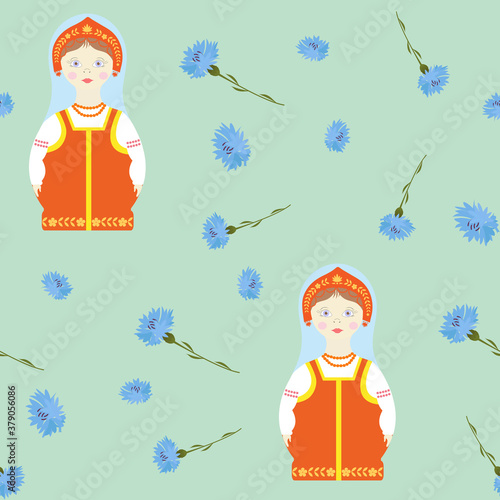 Seaml.ess vector illustration with a Russian matreshka dolls and cornflowers