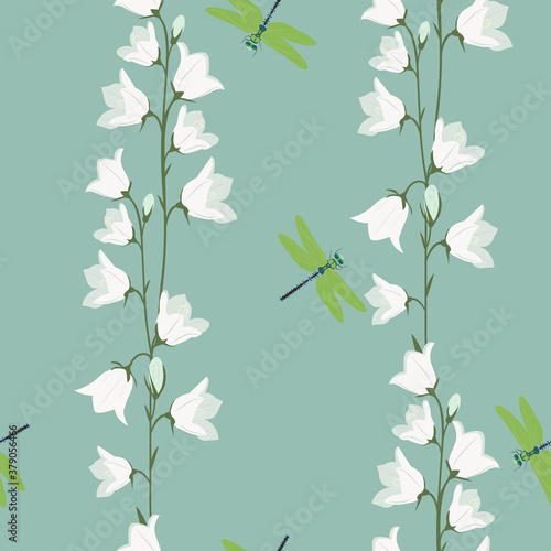A seamless pattern with field bells and dragonflies.