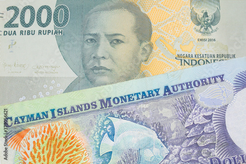 A macro image of a grey two thousand Indonesian rupiah bank note paired up with a colorful one dollar note from the Cayman Islands. Shot close up in macro.